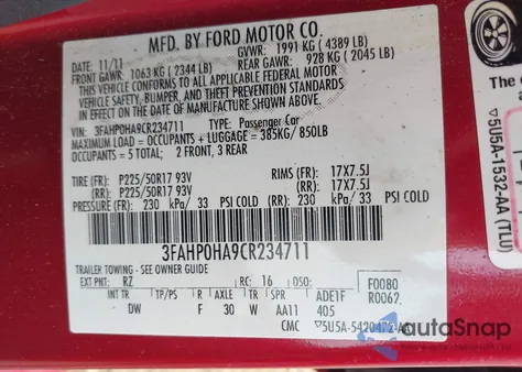 2012 Ford Fusion Se из США, поврежденный, VIN 3FAHP0HA9CR234711